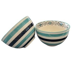 Striped Ceramic Bowls Set‎ of 2 Blue Black Floral Accent Decorative